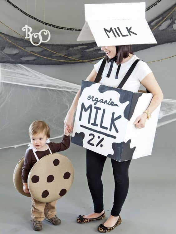 Using inexpensive and easily accessible materials, a milk costume for mommy and chocolate chip cookie getup for baby couldnt be a more delicious pairing for a night of trick ortreating.